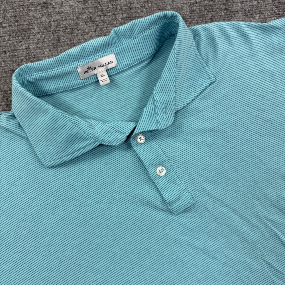 Peter Millar Mens XL‎ Blue Striped Pima Cotton Tencel Polo Shirt MS22K26 ISLND